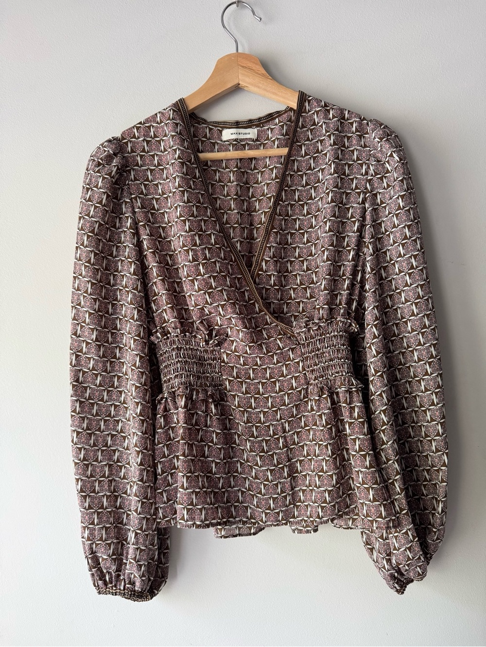 Max Studio Geometric Wrap Smocked Waist Long Sleeve Blouse